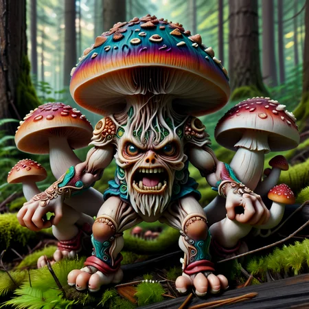 Highly Detailed, Hyper-maximalism, extremely intricate, Fallic Mutant mushrooms with arms and legs and angry faces, charging full speed into battle, with killer gnomes, in a scary forest muted colours, light lines, mushroomz,Highly Detailed, Hyper-maximalism, extremely intricate, Fallic Mutant mushrooms with arms and legs and angry faces, charging full speed into battle, with killer gnomes, in a scary forest muted colours, light lines, mushroomz