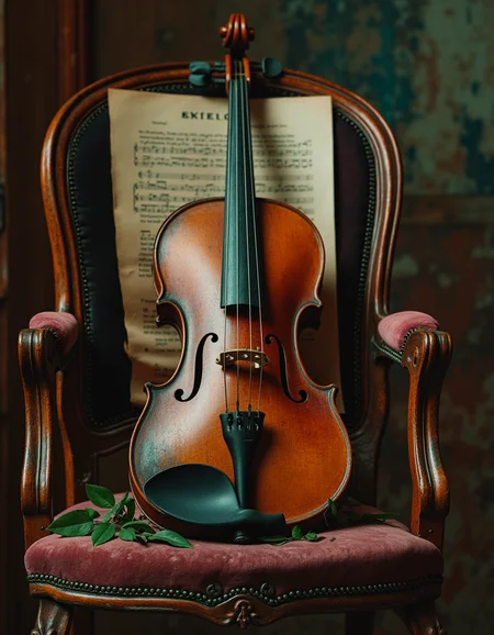 touch of verdigris style photograph, a vintage violin resting on an antique chair with sheet music in the background, detailed in intricate style