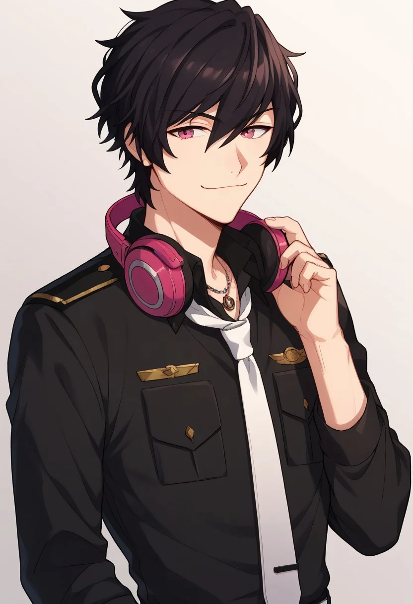 score_9, score_8_up, score_7_up, source_anime, highly detailed, 
faithbeams, 1boy, male focus, necktie, solo, headphones, black hair, looking at viewer,
headphones around neck, smile, white necktie, shirt, upper body, black shirt,
pink eyes, hand up, closed mouth, necklace, hair between eyes, jewelry, bangs,