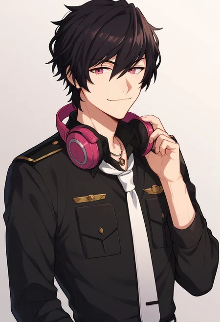 score_9, score_8_up, score_7_up, source_anime, highly detailed, 
faithbeams, 1boy, male focus, necktie, solo, headphones, black hair, looking at viewer,
headphones around neck, smile, white necktie, shirt, upper body, black shirt,
pink eyes, hand up, closed mouth, necklace, hair between eyes, jewelry, bangs,