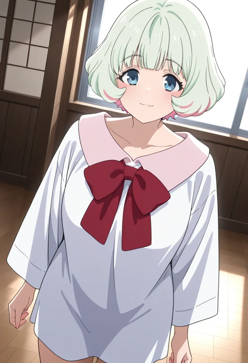 masterpiece,best quality,absurdres,perfect lighting,wooden floor,window,
*//*,<lora:HealerGirl_HibikiMorishima-Illustrious:1>,hibiki_morishima,1girl,solo,green hair,short hair,colored inner hair,pink hair,blue eyes,bangs,oversized clothes,white dress,red bow,wide sleeves,collarbone,pink collared
*//*,looking at viewer,cowboy shot,dutch angle,dynamic pose,light smile,
