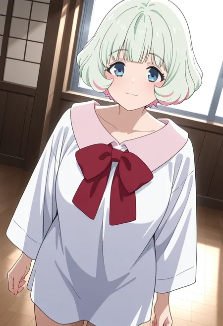 masterpiece,best quality,absurdres,perfect lighting,wooden floor,window,
*//*,<lora:HealerGirl_HibikiMorishima-Illustrious:1>,hibiki_morishima,1girl,solo,green hair,short hair,colored inner hair,pink hair,blue eyes,bangs,oversized clothes,white dress,red bow,wide sleeves,collarbone,pink collared
*//*,looking at viewer,cowboy shot,dutch angle,dynamic pose,light smile,
