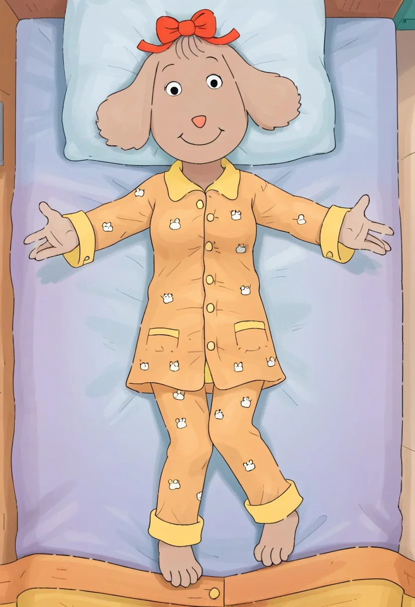 source_cartoon, Fern Walters, solo, 1girl, anthropomorphic dog, animal ears, tannish grey fur. red bow on her head,
Pajamas, lying on back, lying on bed, overhead view, reaching arms to viewer, pov hug, smile, full body, aged up