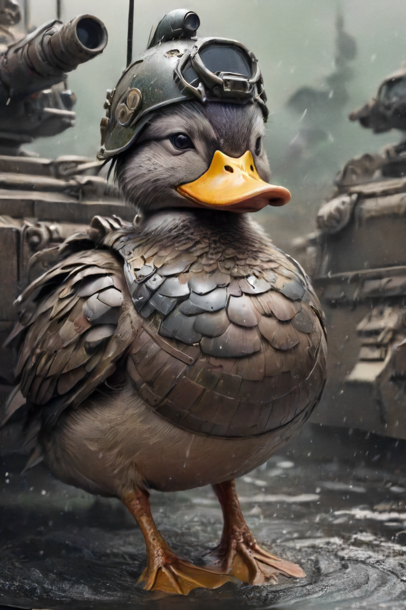 depiction of an (armored:1.1) duck wearing a helmet in full heavy tank-like battle gear with armored metal feathers is defending its pond, war-zone backdrop,  <lora:- SDXL - heavy_armored_V2.1:.8>