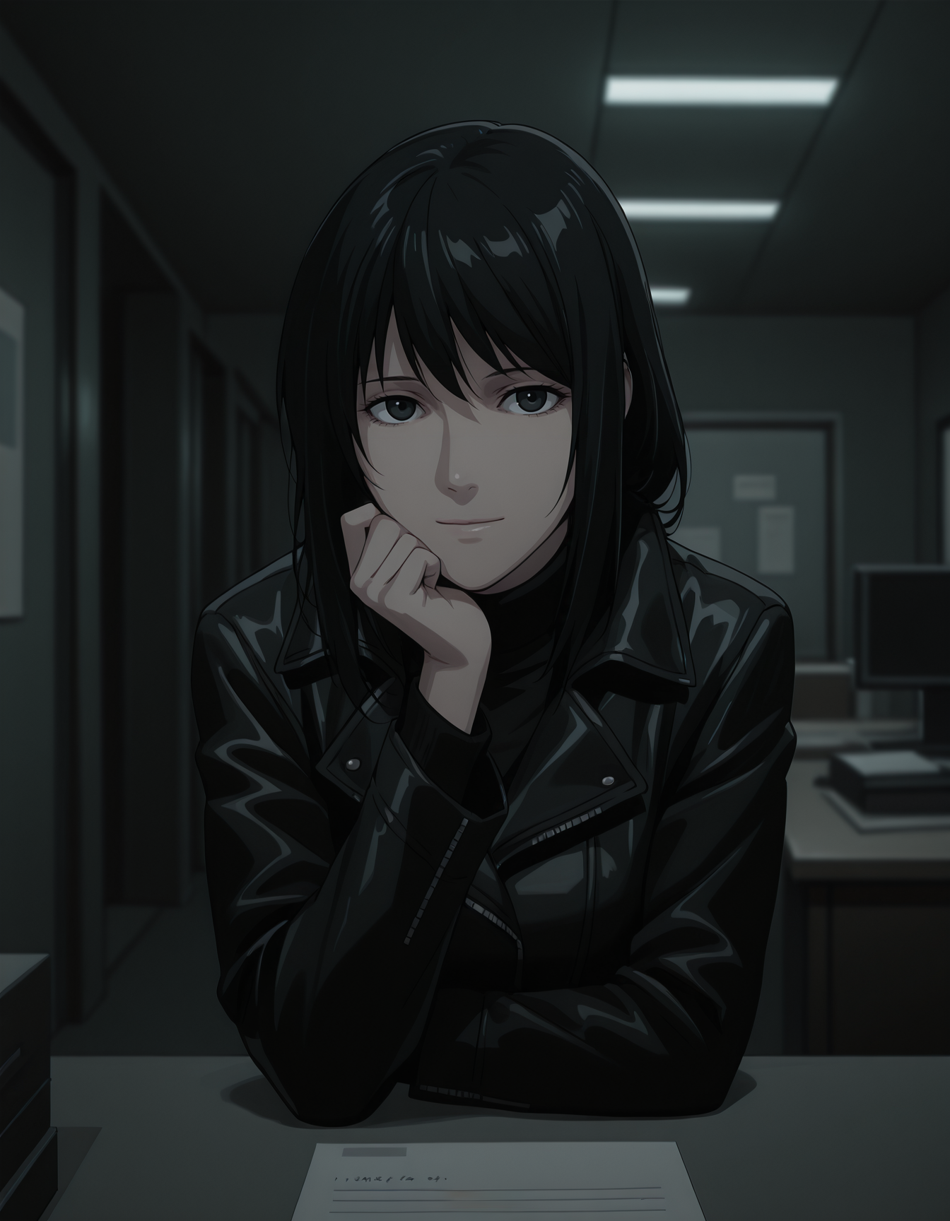 <lora:naomi-illustrious-000020:1> n4om1dn, turtleneck, jacket,
1girl, solo, looking at viewer, hand on own chin, light smile, desk, indoors, office, depth of field, upper body, dark, night