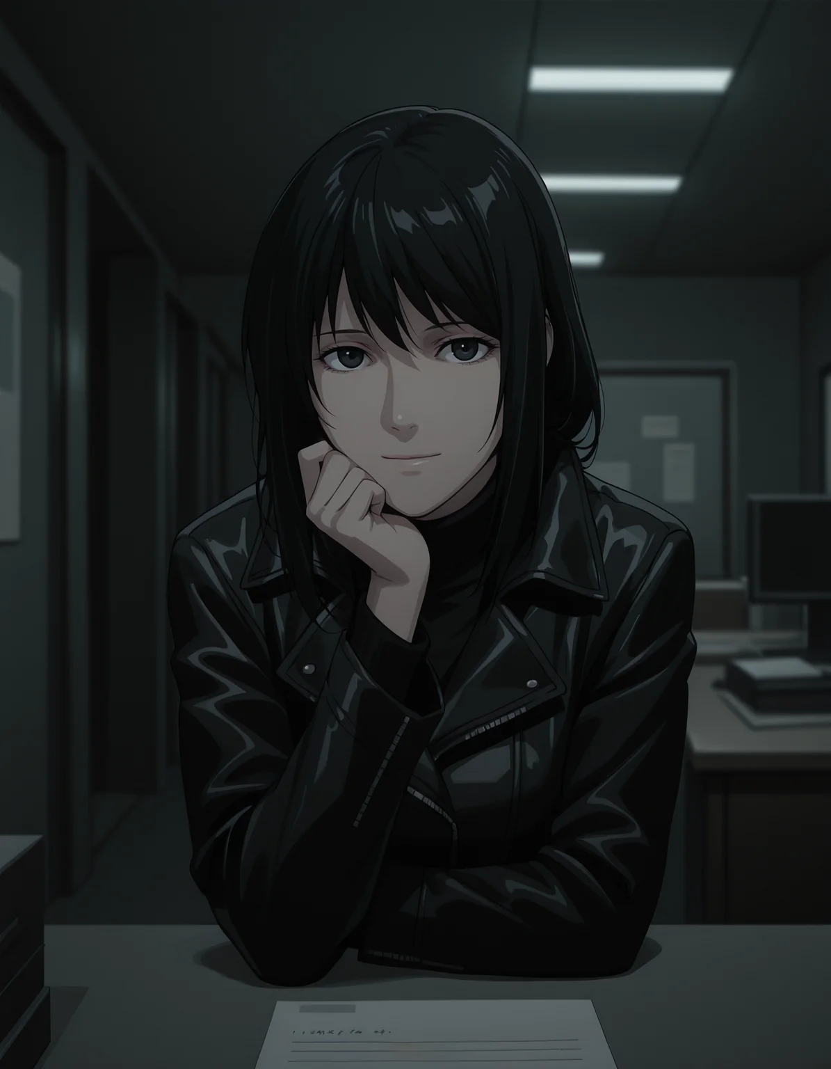 <lora:naomi-illustrious-000020:1> n4om1dn, turtleneck, jacket,
1girl, solo, looking at viewer, hand on own chin, light smile, desk, indoors, office, depth of field, upper body, dark, night