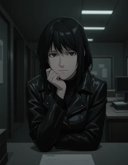 <lora:naomi-illustrious-000020:1> n4om1dn, turtleneck, jacket,
1girl, solo, looking at viewer, hand on own chin, light smile, desk, indoors, office, depth of field, upper body, dark, night