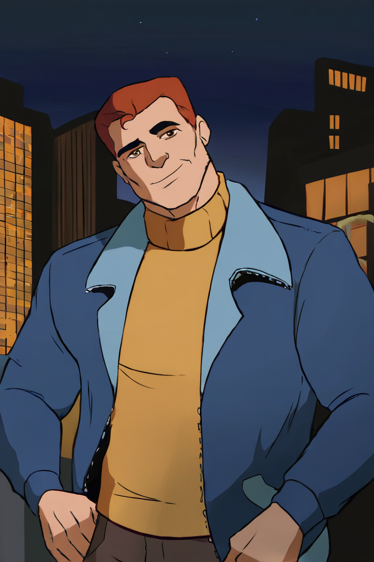 masterpiece, best quality, highres, newest, eddiebrock, 1boy, solo, male focus, mature male, short hair, orange hair, brown eyes, thick eyebrows, yellow turtleneck sweater, blue jacket, open jacket, long sleeves, looking at viewer, smile, standing, portrait, upper body, outdoors, city, building, night, night sky <lora:Venom (Eddie Brock) Spider-Man TAS v1.2 [LoRA] - NoobAI-XL EPS 1.0:0.8>