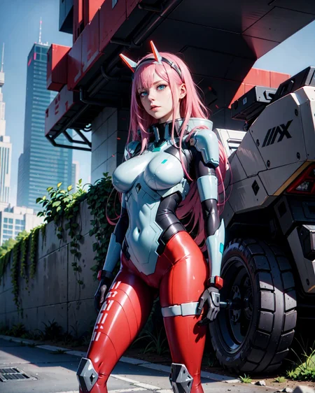 (<lora:Zero_Two_Darling:0.8> Zero_Two_Darling, bodysuit, :1.2), (full length 24 years old adult woman medium bosom:1.1), (Zero Two from Darling in the Franxx), neon pink hair, teal blue eyes, futuristic, metallic horns, cyberpunk, a virtual reality world becomes the new reality (Zero Two from Darling in the Franxx style of Seb Janiak), vivid magenta hair, teal blue eyes, armored bodysuit, chrome accents, sharp metallic horns, dynamic action pose, dystopian battlefield ruins, glowing blue sky, smoke, futuristic mech silhouettes, dramatic shadows, intense determination