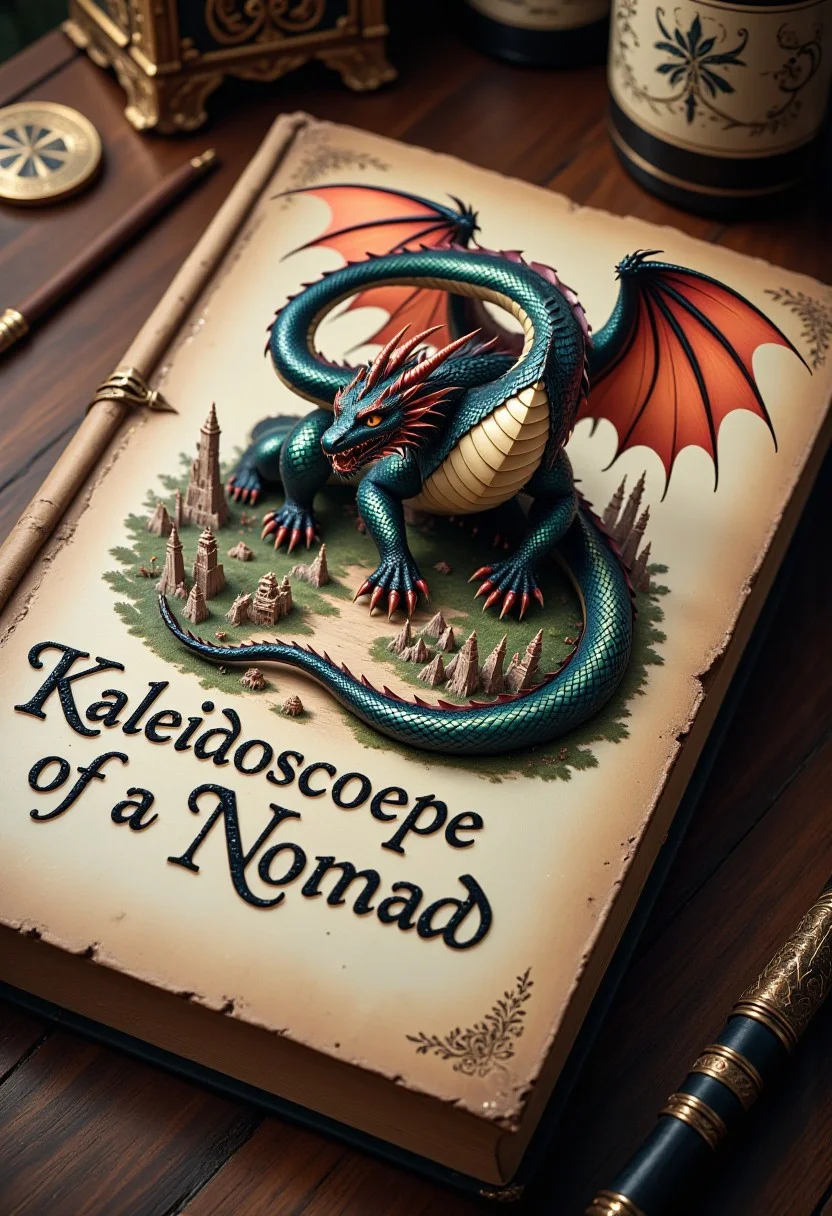 An antique book lies in close-up on the lacquered tabletop. The cover of the book depicts a huge dragon with four paws, wings and red and black scales. He wraps his body around a huge ancient and ruined city. The book is called "Kaleidoscope of a Nomad".
(Text on book "Kaleidoscope of a Nomad":2.2)