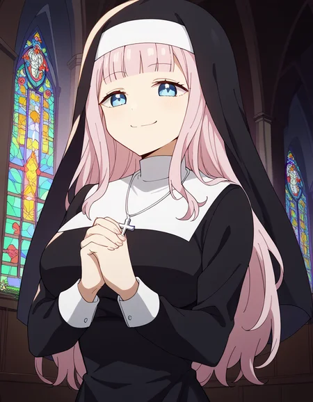 score_9, score_8_up, score_7_up, source_anime, chikafujiwara, <lora:chika-fujiwara-s3-ponyxl-lora-nochekaiser:1>, chika fujiwara, long hair, bangs, blue eyes, bow, pink hair, hair bow, blunt bangs, black bow, large breasts,, <lora:traditional-nun-ponyxl-lora-nochekaiser:1>, traditional nun, nun, habit, long sleeves, dress, black dress, jewelry, black veil, cross, cross necklace,, church, smug, praying,, cowboy shot