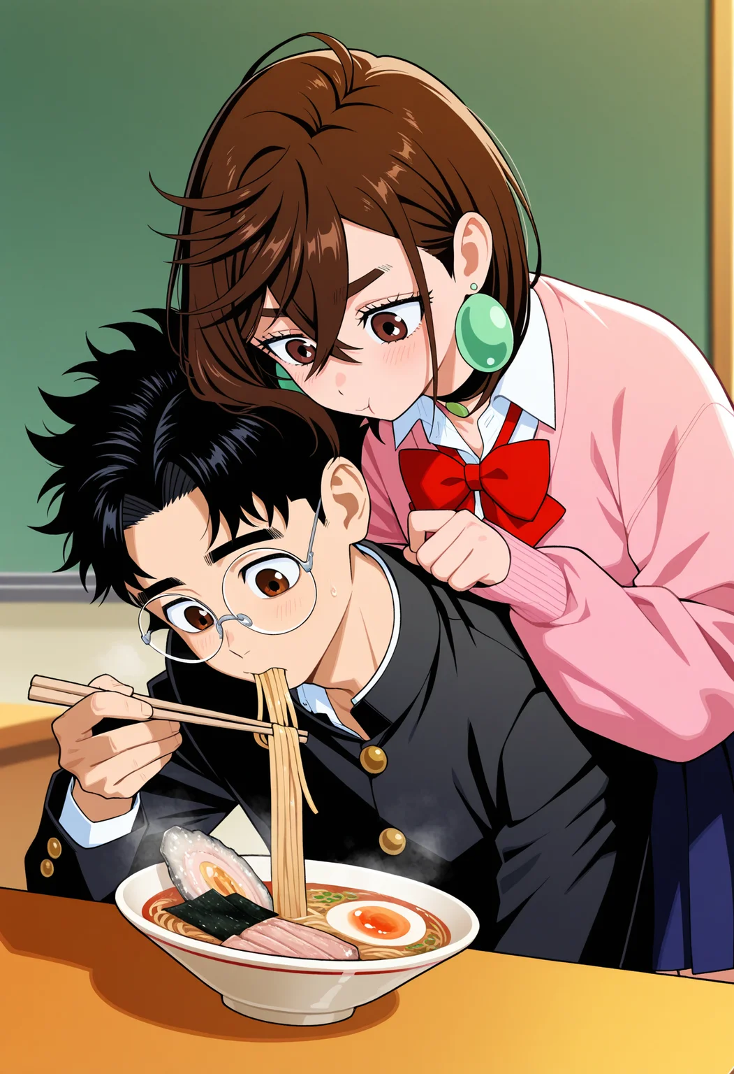 1girl and 1boy,
1girl, ayase momo, dandadan, large earrings, brown hair, brown eyes, choker, red bow, pink sweater, (navy skirt), (no_emblem:1.4),
1boy, takakura ken \(dandadan\), dandadan, black hair, male round eyewear, (black school uniform:1.3),
eating ramen, holding chopsticks, desk, hot, steam, looking down, upper body,
general, masterpiece, best quality, very aesthetic, absurdres,