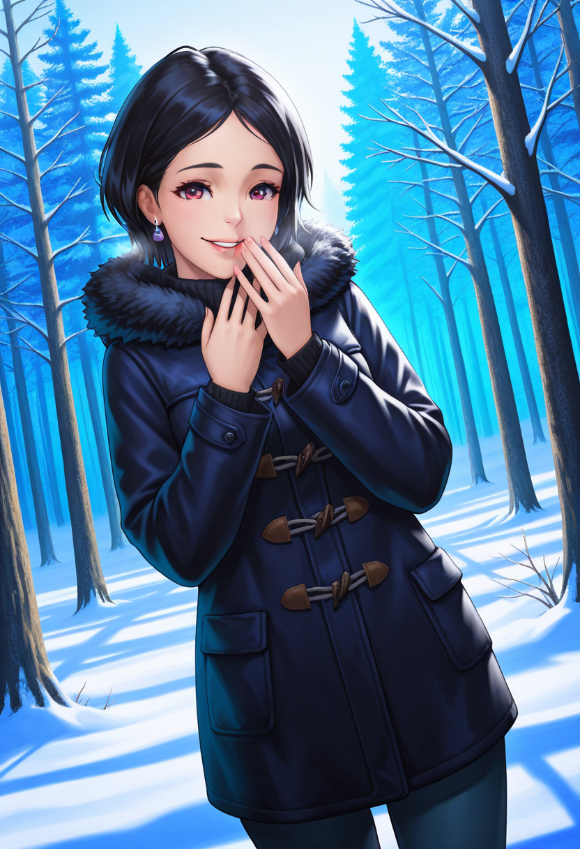 Graphic Design, color art, vibrant colors, colorful, intricate details, high contrast, detailed background, beautiful detailed, beautiful face, detailed eyes, detailed face, new, k4r1n4, 1girl, solo, jewelry, short hair, earrings, black hair, winter clothes, fur trim, snow, winter, dynamic pose, parted lips, happy, smile, forest, one hand at mouth, perspective, dutch angle, looking at viewer, cowboy shot, (masterpiece, best quality, newest, recent, absurdres),