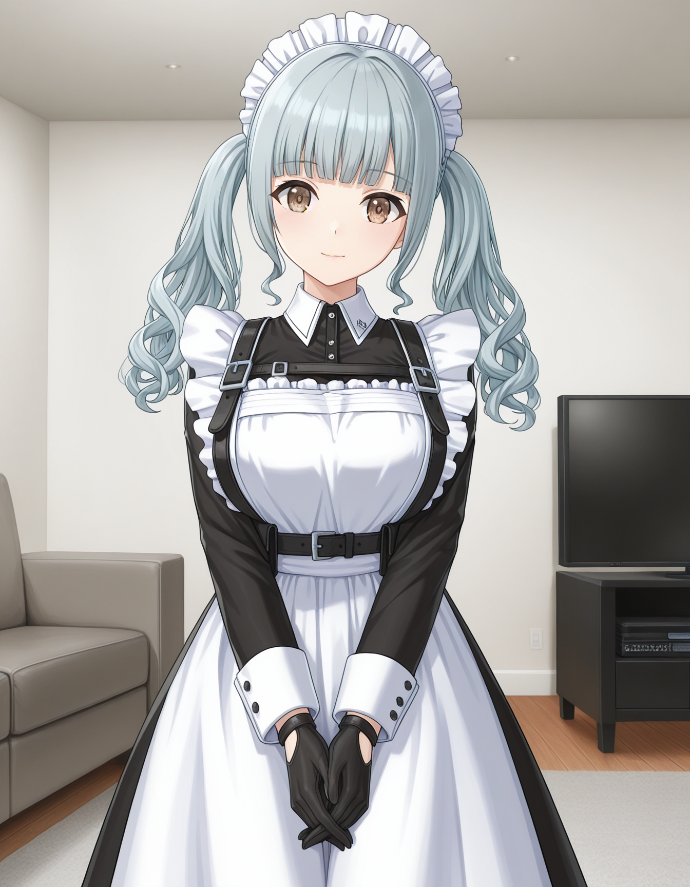 1girl, solo, nagato mei, grey hair, wavy hair, twintails, brown eyes, light smile, closed mouth, Mei_Maid, maid, maid headdress, maid apron, black harness, long skirt, white pantyhose, black gloves, v arms, hands together, (head tilt:0.3), (straight on, cowboy shot:1.2), indoors, living room, light theme <lora:nagato_mei_ilxl_v1:0.75>