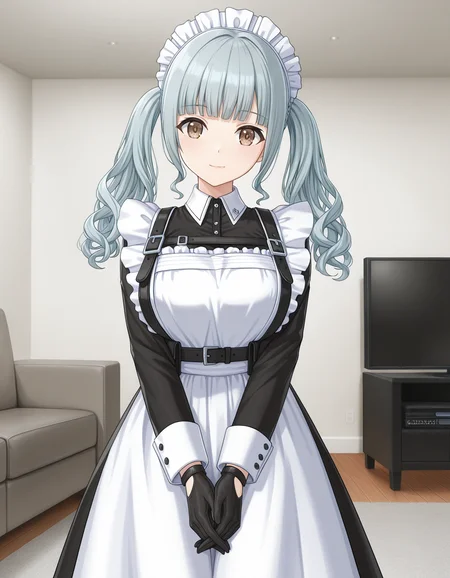 1girl, solo, nagato mei, grey hair, wavy hair, twintails, brown eyes, light smile, closed mouth, Mei_Maid, maid, maid headdress, maid apron, black harness, long skirt, white pantyhose, black gloves, v arms, hands together, (head tilt:0.3), (straight on, cowboy shot:1.2), indoors, living room, light theme <lora:nagato_mei_ilxl_v1:0.75>