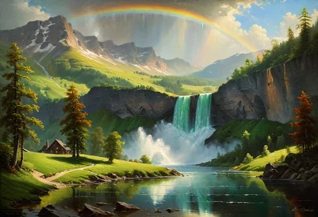 oil painting, landscape masterpiece, majestic waterfall, dark Guinness, crystal lake reflecting the sky, rolling emerald hills, vibrant rainbow, classical composition, (inspired by Albert Bierstadt:1.3), dramatic lighting, detailed brushwork