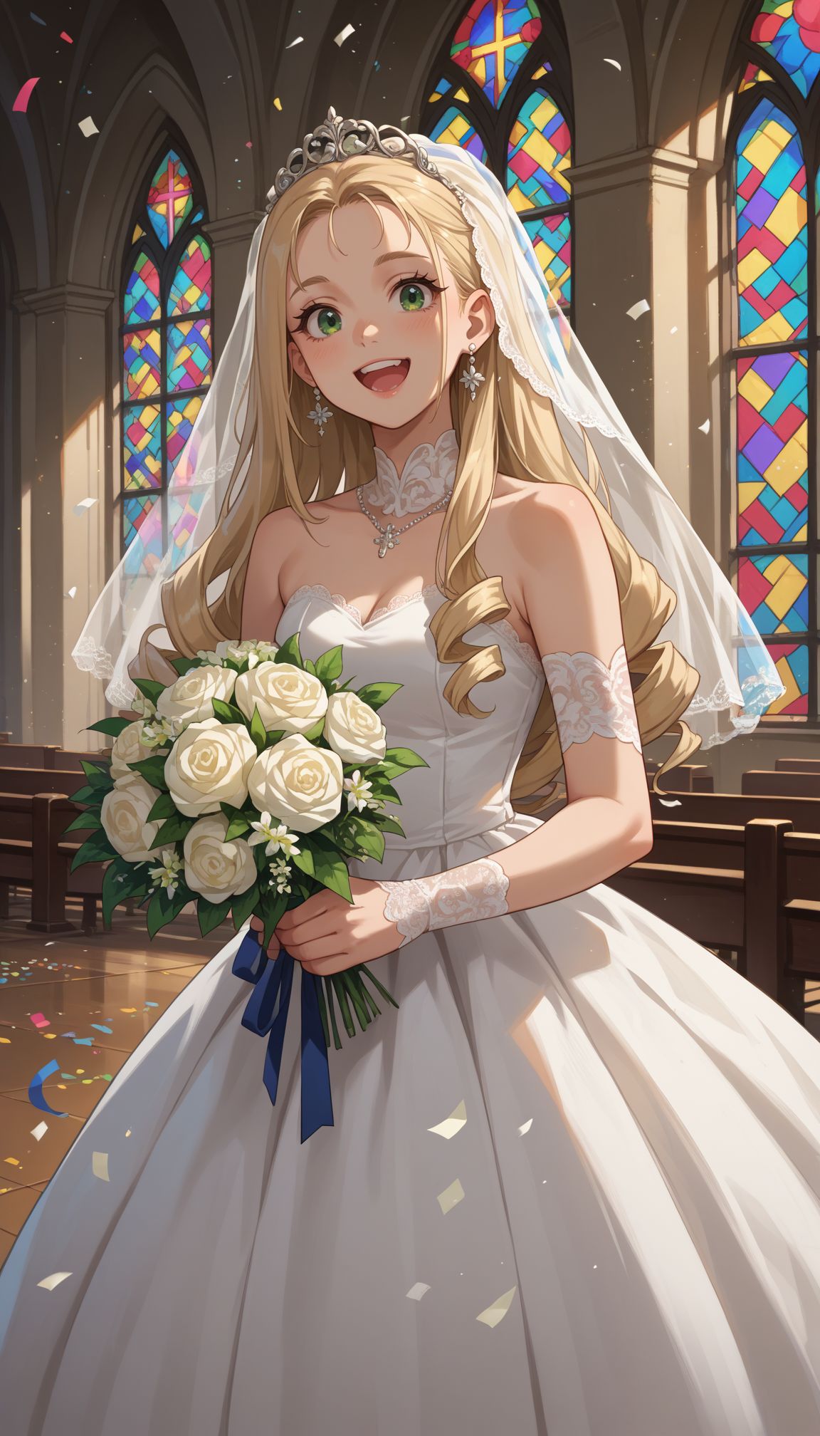 score_9, score_8_up, score_7_up, score_6_up, , solo,
<lora:GUPMarie:0.8>,BBMarie, 1girl, long hair, blonde hair,  drill hair, green eyes,  wedding dress, veil, church, holding bouquet, (confetti:1.1), smile, open mouth, white dress, wedding dress), indoors,