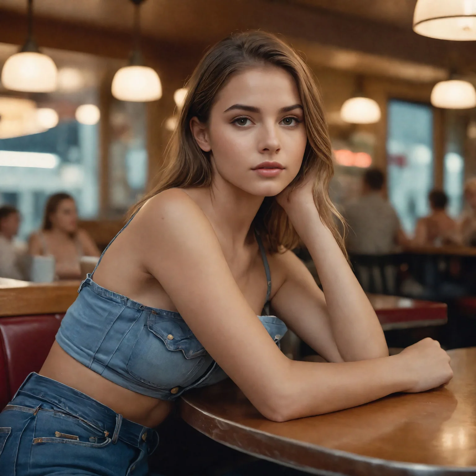 cinematic film still ((nsfw)), 8k, RAW photo, best quality, ultra high res, photorealistic, realistic photo of a girl wearing a croptop, bare shoulders, jeans, sitting in a diner, beautiful, detailed face, detailed, highres, realistic, photorealistic, full body, head to toe, legs, matte skin, por, cinematic photorealistic, 8k uhd natural lighting, raw, rich, intricate details, key visual, atmospheric lighting, 35mm photograph, film, bokeh, professional, 4k, highly detailed . shallow depth of field, vignette, highly detailed, high budget, bokeh, cinemascope, moody, epic, gorgeous, film grain, grainy