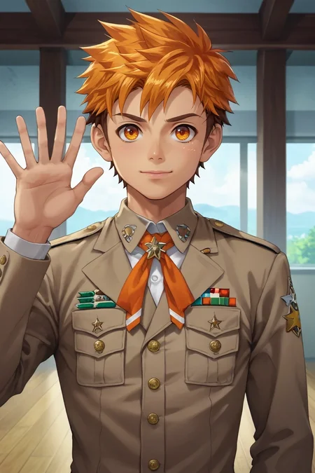 score_9, score_8_up, score_7_up, source_anime, rating_safe, , anime screencap, , , , , 1boy, solo, male focus, <lora:hiro_akiba_pony:0.9>, hiro_akiba, orange hair, orange eyes, short hair, multicolored hair, brown hair, uniform, symmetry, hill, indoors, dark, waving, light smile, , <lora:sdxl_lightning_8step_lora:1>