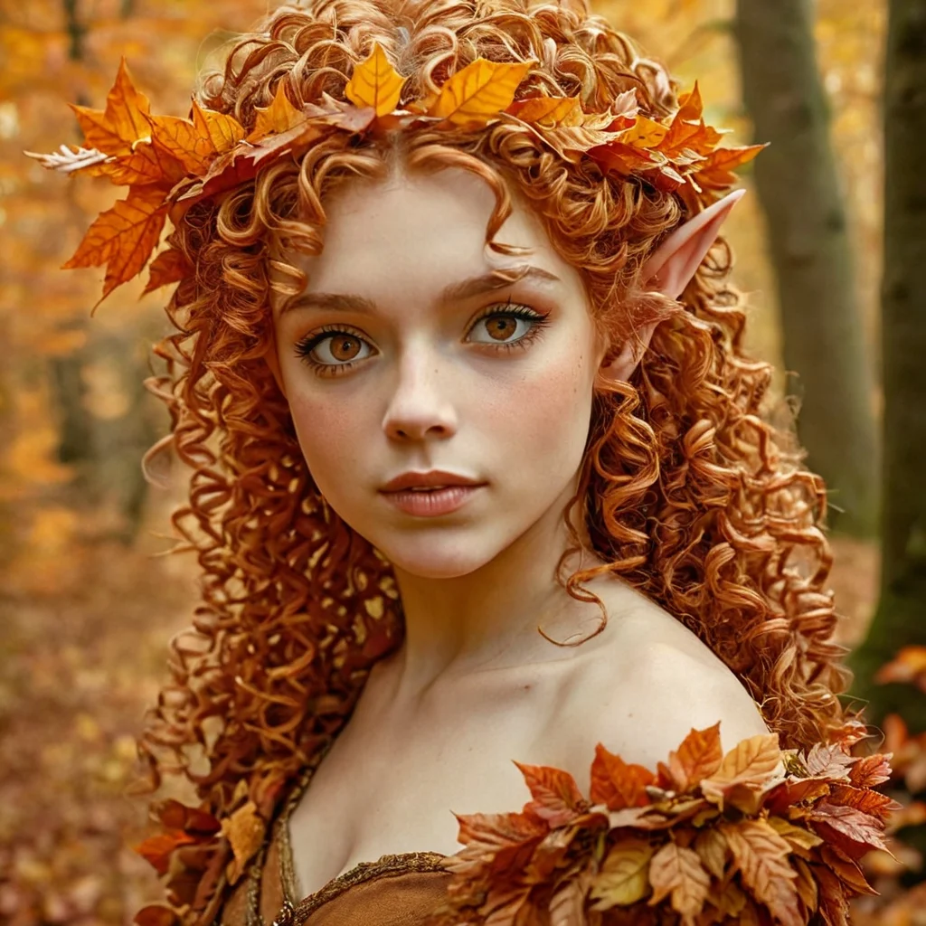 An upper body photo of an autumnal elven princess with cascading curly auburn hair, adorned with a crown of vibrant orange and red autumn leaves. Her warm, golden-brown eyes reflect the rich colors of the fall forest around her. She is dressed in a gown made of earth-toned fabrics, decorated with leaves that blend seamlessly with the foliage. The background is a serene, sun-dappled forest in full autumn glory, with the ground covered in a thick carpet of fallen leaves and the trees ablaze in shades of gold, orange, and red, enhancing the princess's connection to the season