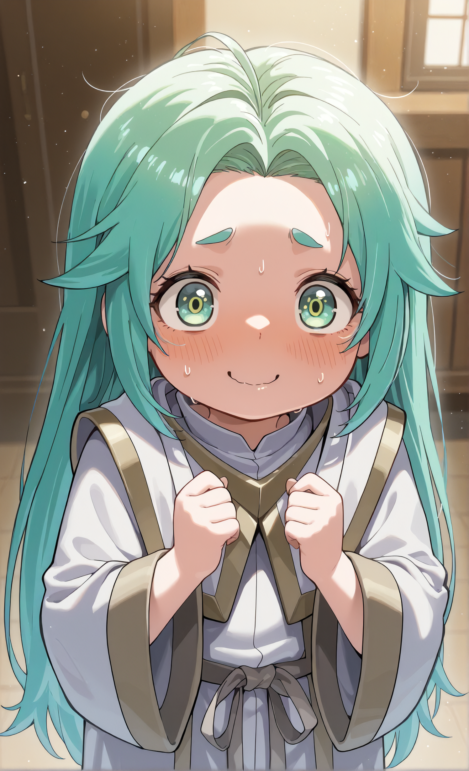 masterpiece, sharp detail, intricate detail,  1girl,  <lora:To be hero X - Lucky Cyan:1>, lucky cyan \(to be hero x\), nervous smile, child, robe,