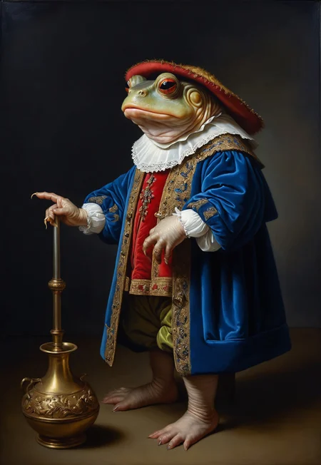 Rembrandt realistic oil painting, retro artstyle, score_9, score_8_up, score_9_up, very detailed, ultra realistic, (best quality) full body, very detailed masterpiece, portrait of an amphibian-like alien creature in medieval environment, red and blue velvet, very dark background, baroque style, very dramatic lighting, much shadow, rembrandt style vermeer style full body, realistic realistic, realism, photo realistic oil painting, photo realistic painting 