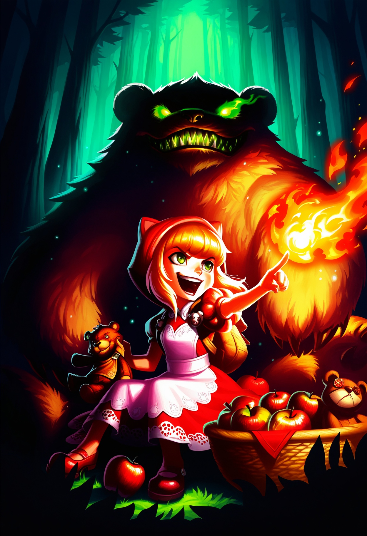 annie \(league of legends\),red riding annie, league of legends, official art,  tibbers, 1girl, long hair, smile, open mouth, blonde hair, dress, sitting, green eyes, short sleeves, food, shoes, teeth, puffy sleeves, hood, bag, apron, puffy short sleeves, fruit, glowing, animal, stuffed toy, red dress, backpack, stuffed animal, fire, sharp teeth, pointing, glowing eyes, mary janes, teddy bear, apple, basket, wolf, flame, bear, oversized animal
intricate detail, light particles, day, forest,
(traditional media,:0.7)(hatching \(texture\),: :0.3)(masterpiece:0.5)
