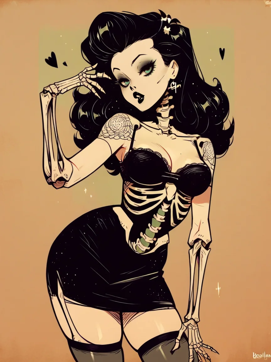 score_9, score_8_up, score_7_up, score_6_up, score_5_up, <lora:Sp00kyB4b3sXLP:1> sp00kyb4b3s, 1girl, solo, thighhighs, skeleton, black lips