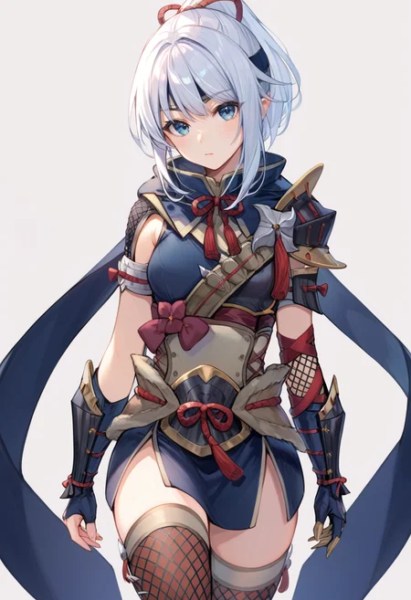 (score_9:0.9),score_8_up,score_7_up,rating_safe,(zPDXL),<lora:kamura armor ponyXL v1:0.76>,1girl, solo, blue eyes, blue headband, ponytail, white hair, blue gauntlets, long hair, looking at viewer, simple background, fishnet thighhighs, kamura armor, blue scarf, black shoulder armor