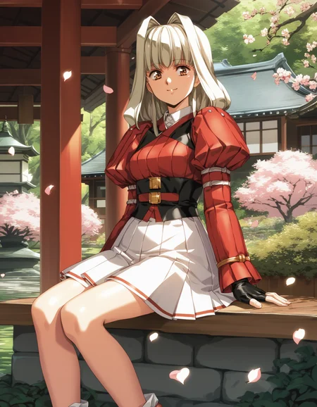 score_9,  score_8_up, score_7_up
<lora:charlone-growlanser-ponyxl-000020:1> charlone claudius, red sleeves, red shirt, juliet sleeves, microskirt, white skirt, fingerless gloves,
1girl, solo, sitting, smile, outdoors, japanese house, garden, tree, petals