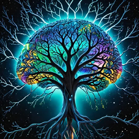 biolumen, detailed human brain, tree, leaf, branches, stem, galaxy, night sky, BL4CK3STBL4CK, black_theme, matte_color, flat color