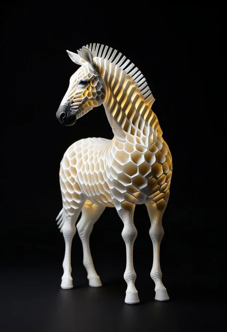 8K analog photo, 3d printed shilver zebra Statue made of Honeycomb Structure, WhiteMold, Walking, dark background, minimalist,