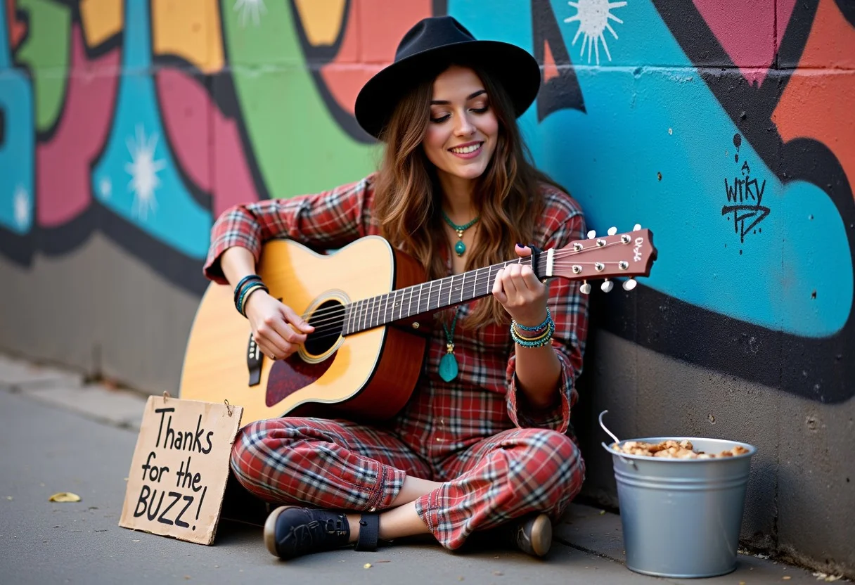 This image features a street musician woman playing guitar on the street. She is sitting on floor playing his guitar with passion, on his right there is a bucket for collecting donations, on her left there is a cardboard with text "Thanks for the BUZZ!", musician woman wearing bohemian clothes with matching necklace and bracelet, she is laying to a grafitti wall,  aidmaimageupgrader
