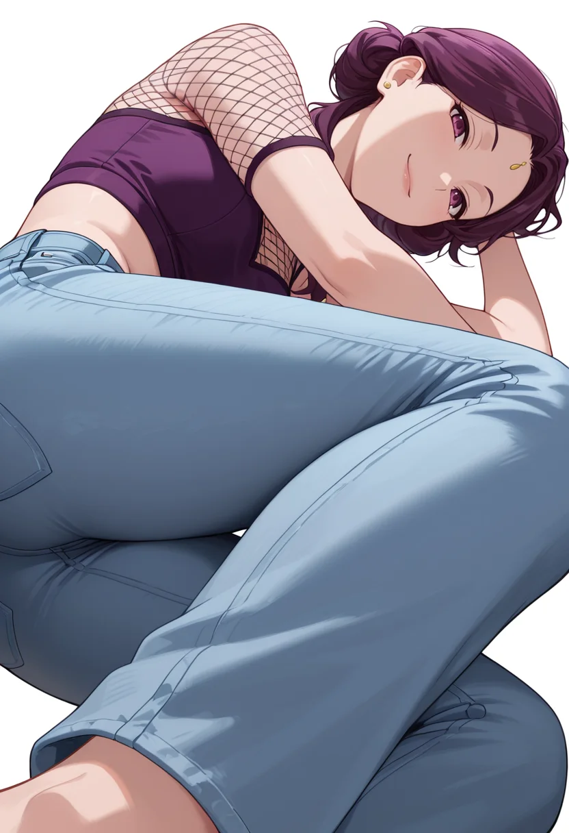 Smooth Quality,masterpiece,very intricate, high quality details, ultra realistic, high detailed skin,detailed enviorement,absurdres,
partially undressed,
<lora:Yinghua_CNR:0.8> yinghuacnr, purple hair, purple eyes,, simple background, white background, from below,
lying on side, one arm supporting head, relaxed legs, soft smile, casual vibe, ,evil smile,, raincoat, ,fishnet top, ,jeans, ,