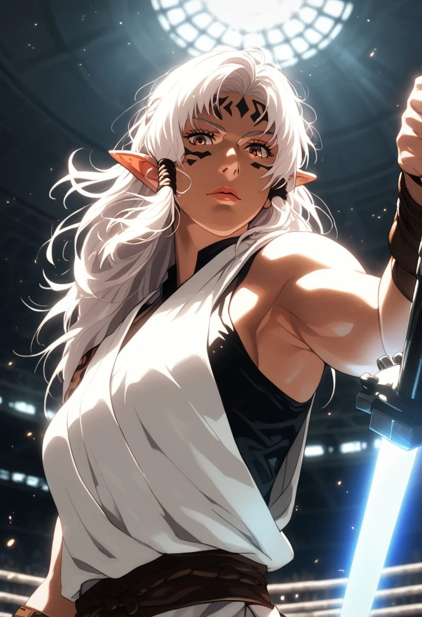 (score_9, score_8_up), score_7_up, solo, mythp0rt, half body shot, 1female, beautiful, jedi knight, pointy elf ears, white hair, long hair, bangs, fair skin, jedi outfit, light saber, in a dynamic jedi fighting stance, gladiator ring, dappled sunlight, upper body, looking at viewer, shine, shine of steel, from below.