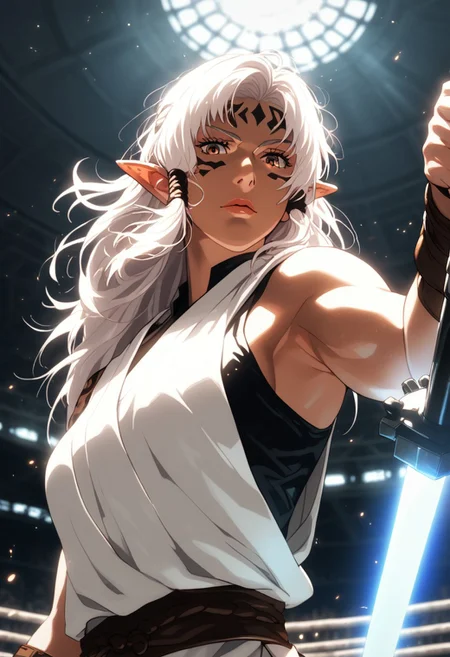 (score_9, score_8_up), score_7_up, solo, mythp0rt, half body shot, 1female, beautiful, jedi knight, pointy elf ears, white hair, long hair, bangs, fair skin, jedi outfit, light saber, in a dynamic jedi fighting stance, gladiator ring, dappled sunlight, upper body, looking at viewer, shine, shine of steel, from below.