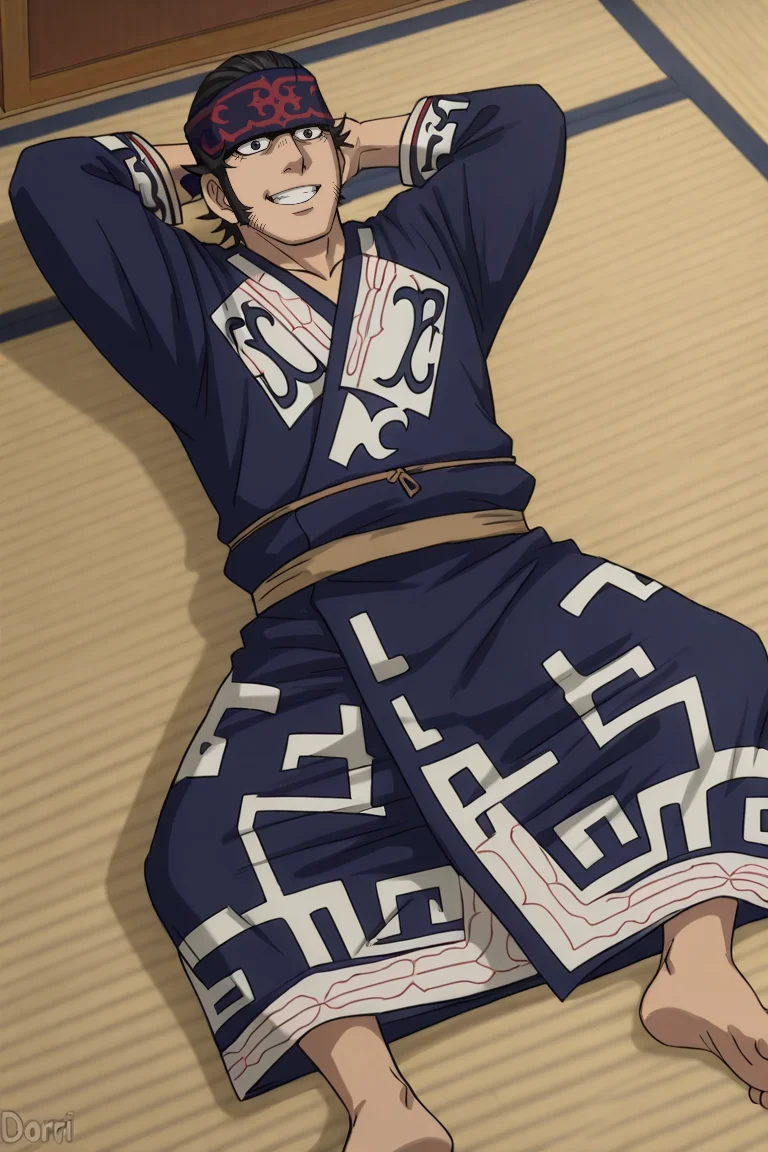 score_9, score_8_up, score_7_up, score_6_up, perfect anatomy, perfect proportions, best quality, masterpiece, high_resolution, high quality, best aesthetic, incredibly absurdres, highres, extremely detailed, huge filesize, solo male, adult, mature, masculine, manly, handsome, charming, alluring, standing, upper body, dutch angle, cowboy shot, perfect face, source_anime \(Golden Kamuy\), anime coloring \(Golden Kamuy\),  GKKirawus, Kirawus \(Golden Kamuy), black hair, black eyes, long sideburns,  GKKirawuse_outfit01, black Ainu robe, Ruunpe robe \(Ainu clothing\), Ainu pattern, black Ainu headband, Matanpushi \(Ainu headband\), barefoot, indoors, lying on tatamiooden floor, lying on back, spread legs, hand behind head, grin, 