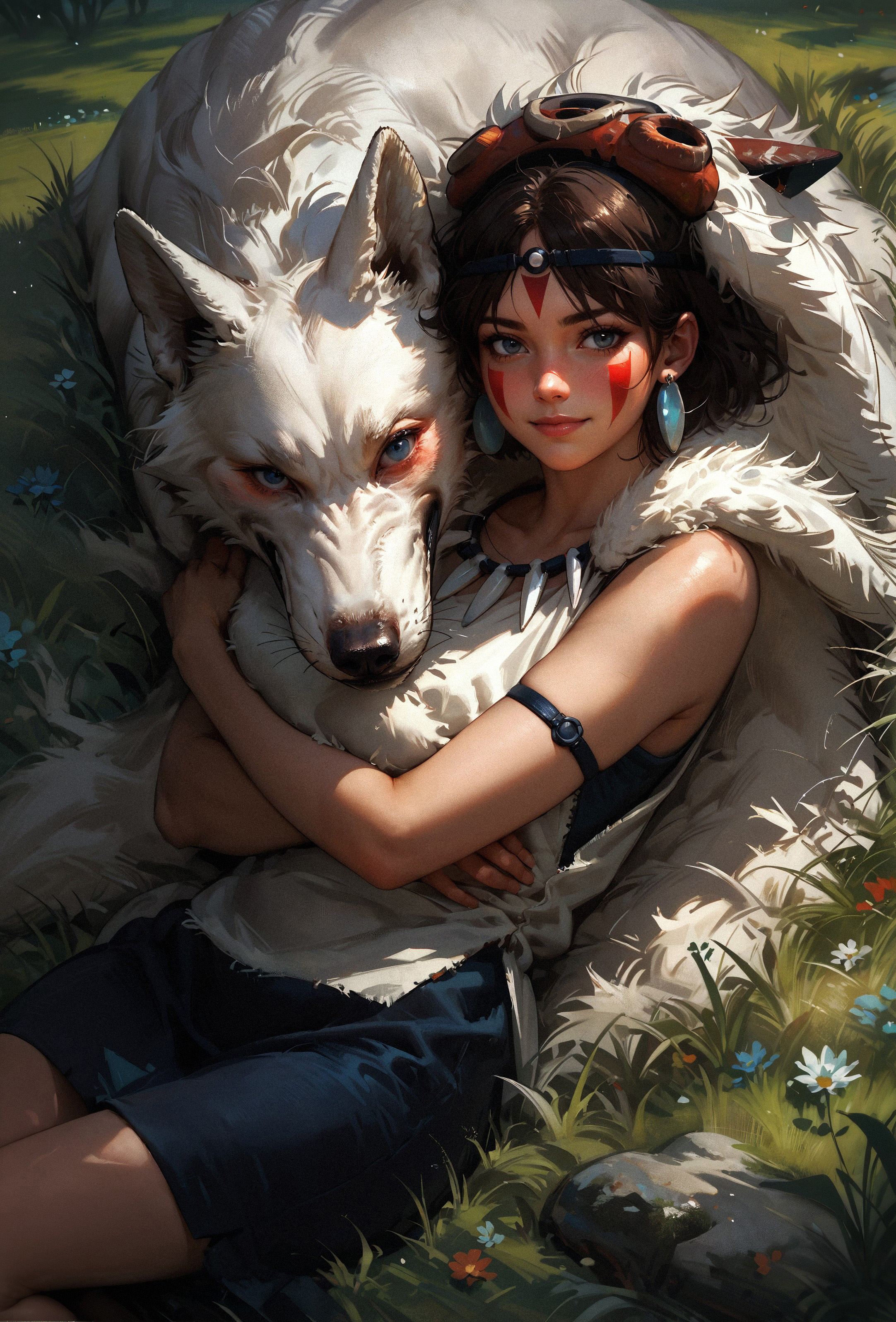 score_9, score_8_up, score_7_up, score_6_up, score_5_up, score_4_up,   san, 1girl, mature woman, relaxed, resting, in tall grass, hugging a giant white wolf, dynamic angle, solo, short hair, brown hair, grey eyes, headband, face paint, earrings, white sleeveless top, navy under dress, arm cuffs, fur headdress, fur cape, light-skinned female, female focus, looking at viewer, smiling, (tall grass:1.2), (blush:1.1), (sunny:1.2), daytime