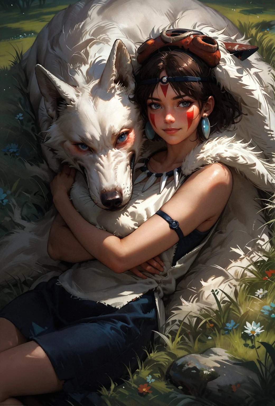 score_9, score_8_up, score_7_up, score_6_up, score_5_up, score_4_up, san, 1girl, mature woman, relaxed, resting, in tall grass, hugging a giant white wolf, dynamic angle, solo, short hair, brown hair, grey eyes, headband, face paint, earrings, white sleeveless top, navy under dress, arm cuffs, fur headdress, fur cape, light-skinned female, female focus, looking at viewer, smiling, (tall grass:1.2), (blush:1.1), (sunny:1.2), daytime