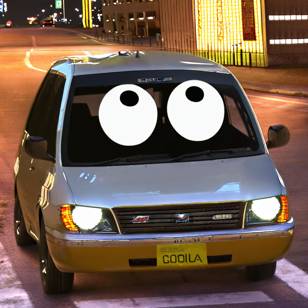 highres, best quality, masterpiece, very aesthetic, newest,anireal,<lora:AnirealIllus:1>, a car with giant googly eyes on its windshield driving down a street in a futuristic cyberpunk city,no humans,vehicle focus,googley eyes,anthropomorphic vehicle