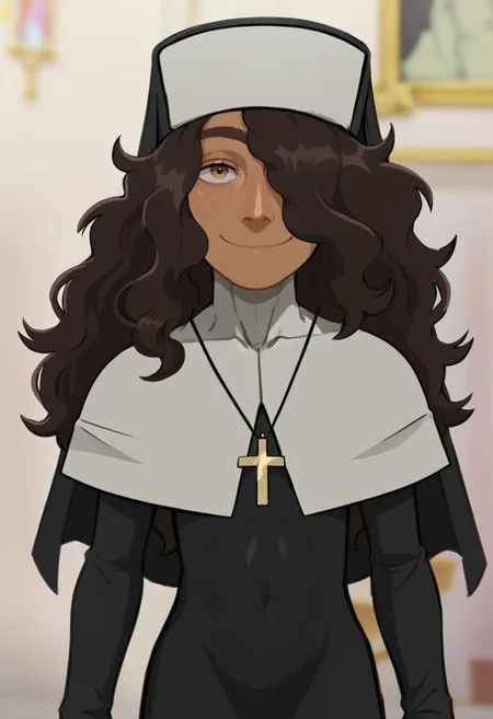 score_9, score_8_up, score_7_up,  <lora:add-detail-xl:3>,
BREAK
<lora:Sister_Carlini:0.8>, Carlini, dark skin, brown hair, long hair, hair over one eye, brown eyes, habit, nun , nun dress, cross necklace,
BREAK
solo, standing, smirk, closed mouth,upper body,