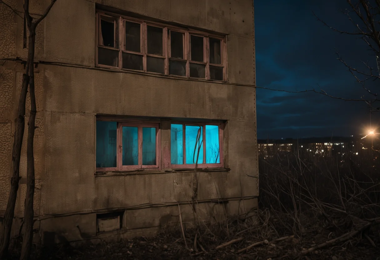 A nocturnal snapshot captures the facade of a Russian suburban building, bearing the wear of neglect. A large window section glows with an unsettling pink light, contrasting starkly against the building's dilapidated exterior and the dark night beyond. Bare branches in the foreground add to the eerie ambiance, partially obscuring the view and creating a sense of encroachment. In the background, the diffuse lights of a distant urban sprawl hint at the proximity of civilization, yet the scene remains isolated, enhancing the disquieting solitude. The image embodies a dystopian stillness, with the cold light serving as a beacon of the uncanny amidst the urban decay. nocturnal, Russian suburbs, dilapidated building, cyan light, eerie, urban decay, isolated, branches, dystopian, solitude, facade, disquieting, film grain professional 35 mm photo, tumblr <lora:dark slav suburbs_v0.0.1-15:0.75>