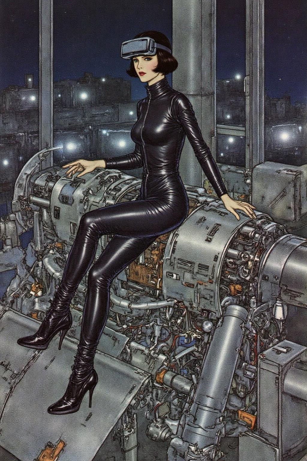 dulac1 illustration. 
a striking, futuristic scene depicts a woman dressed in sleek, form-fitting leather attire, sitting confidently atop an open power suit, inspired by the cyberpunk aesthetics of Masamune Shirow. The power suit, a blend of advanced technology and military-grade armor, features intricate mechanical details, exposed wiring, and a robust, yet streamlined design. The woman, wearing a cutting-edge VR headset, exudes a sense of control and mastery over the machine beneath her. Her posture is relaxed yet commanding, with one hand resting on the suit’s metallic surface and the other casually holding a piece of advanced tech. The background is a high-tech industrial setting, with dim lighting that casts dramatic shadows, highlighting the fusion of human and machine. The overall atmosphere is one of futuristic coolness and cybernetic elegance, capturing the essence of Shirow’s iconic style   <lora:dulac2_cap_d6a3e15:1.0><lora:816562665817300903:0>