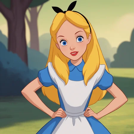 score_8_up, BREAK, Alice, 1girl, solo, blonde hair, long hair, blue eyes, headband, ribbon headband, blue dress, short sleeves, <lora:AliceInWonderland_PXL_Leaf1:0.8>, looking at viewer, outdoors, portrait, hands on own hips,