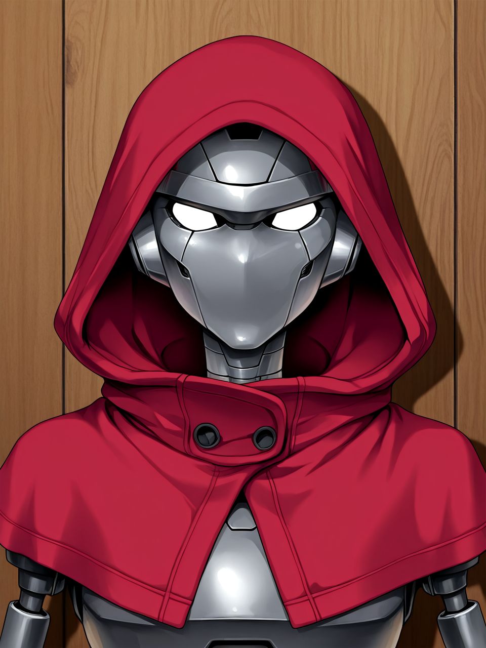 wooden wall background, drop shadow, looking at viewer, portrait, <lora:gretel2TS_ILXL:1> gretel2, robot, robot joints, metal skin, no nose, no mouth, blank eyes, red capelet, hood,