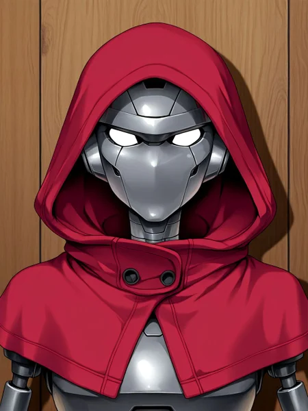 wooden wall background, drop shadow, looking at viewer, portrait, <lora:gretel2TS_ILXL:1> gretel2, robot, robot joints, metal skin, no nose, no mouth, blank eyes, red capelet, hood,