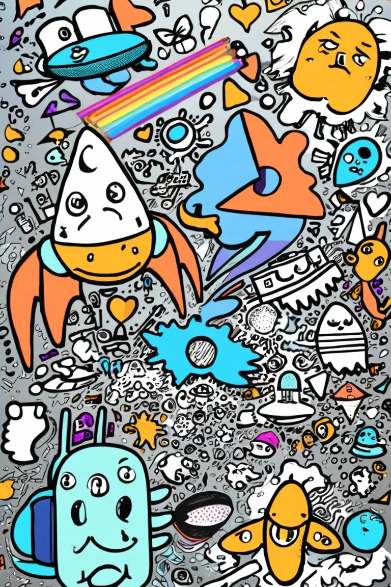 a spaceship, surrounded by many different doodles, doodle art style  <lora:Doodle_XL_V1:1>