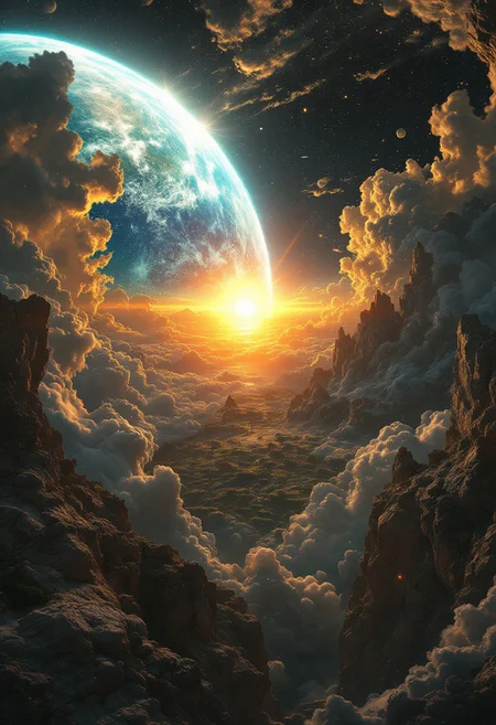 view of a planet in the sky with clouds and mountains, stars, sun is shining brightly, beautiful backdrop, hyper-detailed, ultra-sharp, hyper-realistic, professional photoshoot