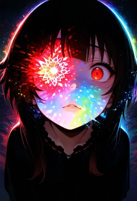 Megumin, masterpiece, best quality, amazing quality, very aesthetic, absurdres, 1 girl, backlighting, brown hair, red glowing eyes, sweet expression, looking at viewer, close-up of face, focused, face in shadow, body in shadow, dark setting, black nightgown, thin lips, narrow mouth, solo upper body, angle from above, Dutch angle, eye covered by hand, gloved hand, magic symbol on palm, glowing red symbol, bright magical particles, colorful explosion of colors, soft light, vibrant colors, multicolored rainbow light, focus on face, lots of soft light and colorful particles, colorful, masterpiece, best quality, amazing quality, very aesthetic, absurdres, newest, soft light, explosion of colors, masterpiece, best quality, colorful, bright, multicolored, bright colors of paint, masterpiece, best quality, amazing quality, very aesthetic, absurdres, lots of multicolored rainbow light, focus on the face, lots of soft light, soft colors, lots of colorful particles, dark, hard to see,