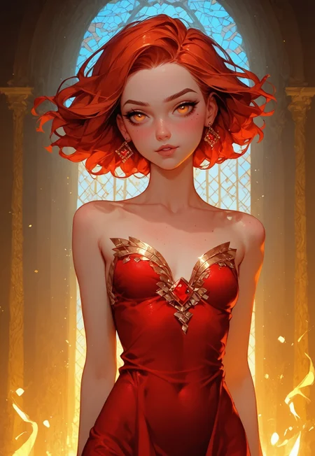 score_9, score_8_up, score_7_up, score_6_up, score_5_up, score_4_up, Expressiveh, g0th1c, human female, short, small, petite body, slender, small perky breasts, aesthetic face, shoulder length red hair, glowing amber eyes, round eyes, very small nose, big ears, small lips, small mouth, small head, freckles, round ears, ashen skin, cheeky smile, dedicated face, enthusiastic face, lopsided smile, beautiful, very revealing red dress, silk dress, short dress, visible thighs, deep cleavage, standing, background is luxurious brothel room, decorated background, artistic brackground, background dominant colour is red, white and gold, fireplace, hearth, alone
